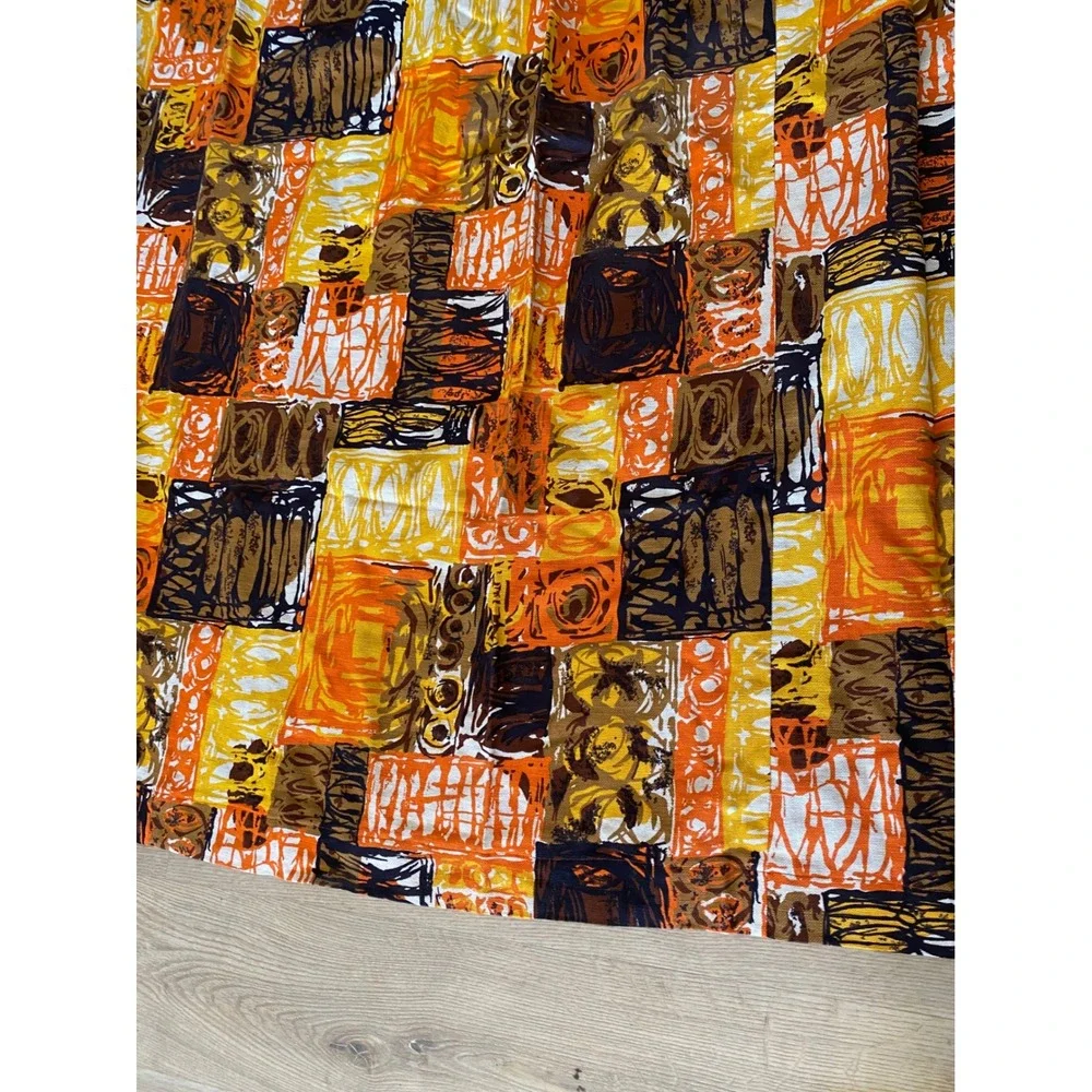 Vintage 60s Abstract Geometric Barkcloth Curtain Panel Orange Yellow Brown MCM